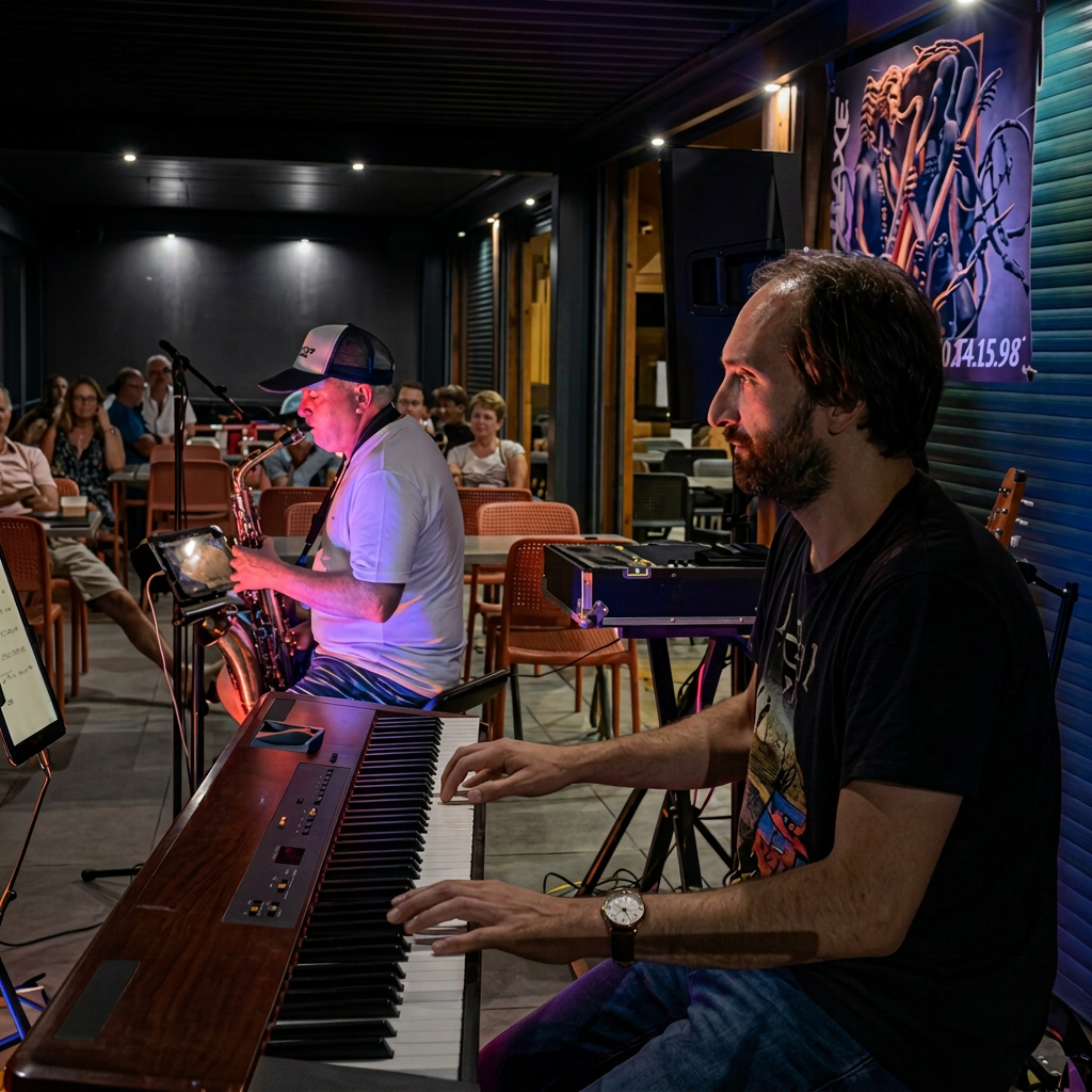 Duo jouant en terrasse